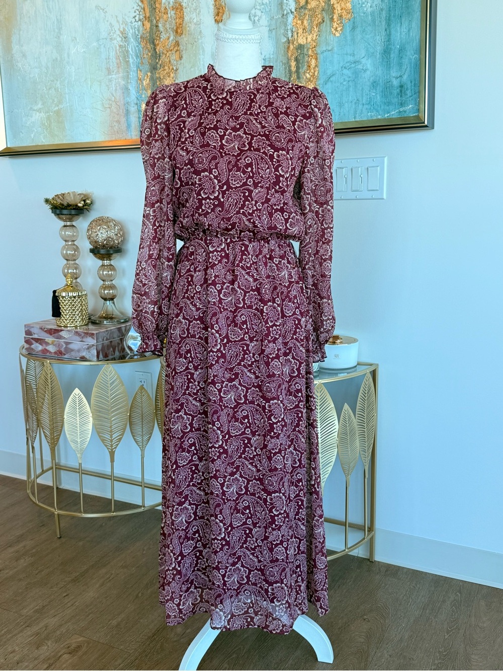 Women’s Long Sleeve Paisley Maxi Dress in Burgundy